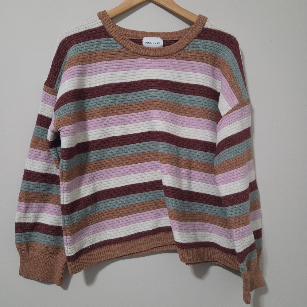 Pink Rose Womens XL Striped Ribbed Knit Crewneck Sweater PF3S24972BK Multi Color